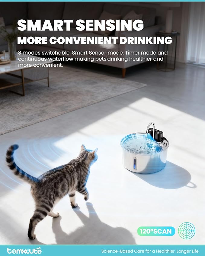 Tomxcute Cat Water Fountain Stainless Steel, 108oz Wireless Pet Fountain | 3 Smart Water Supply Modes Automatic Battery Operated Fountain with 3 Replacement Filters for Cats, Dogs, Multiple Pets - Image 2