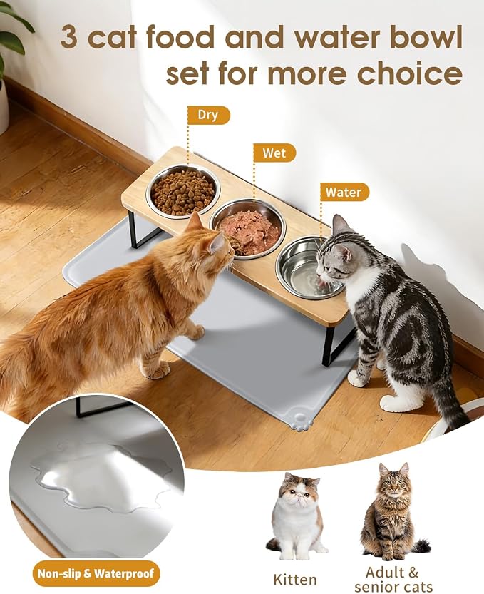 Elevated Cat Bowls, 15°Tilted Raised Cat Food Bowls with Mat, Cat Food and Water 3 Stainless Steel Bowl Set for Indoor, Anti-Vomiting, Whisker Fatigue. - Image 5