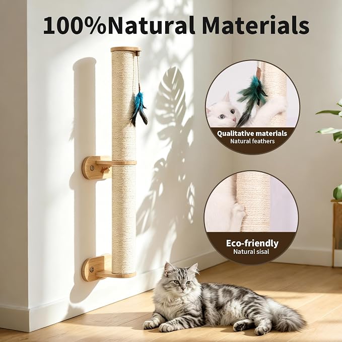 Lulu's World Sisal Cat Wall Scratcher Post with 4 Suction Cups 32" Tall | No-Drill,sturdy climbing tree,wall shelves,kitten wall furniture,natural style,feather toy,save space,for indoor - Image 2