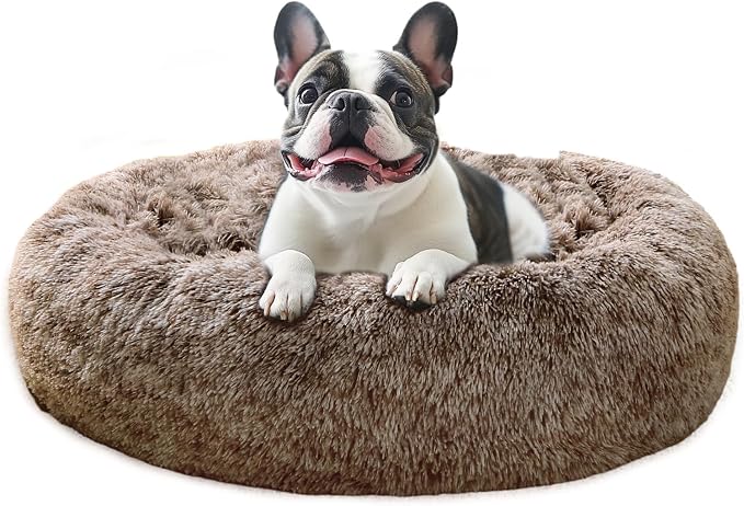 JOLLYVOGUE Calming Dog Bed Medium Size Dog, 31in Donut Washable Medium Pet Bed, Anti-Slip & Anti-Anxiety Fluffy Faux Fur Round Dogs Bed, Fits up to 45 lbs Pets (Smoke Brown) by JOLLYVOGUE