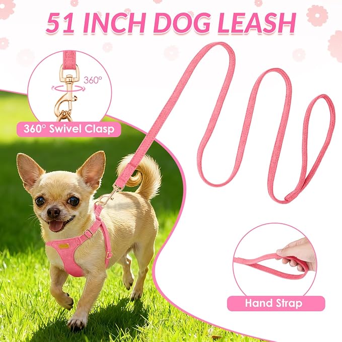 SlowTon No Pull Dog Harness with Leash for Small Medium Dogs, Pink XXS | Solid Pattern, Step-in, Lightweight, Easy Put On and Off, No Choke, Soft Cotton and Suede for Daily Walking - Image 4