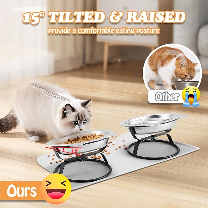 Elevated Cat Bowls with Non-Slip Mat - 7.1" Wide Whisker Friendly Dishes, Neck Stress-Free, Raised Stainless Steel Bowls for Flat-Faced/Senior Cats & Small Dogs, Indoor/Travel Use, 2-Pack - Image 2