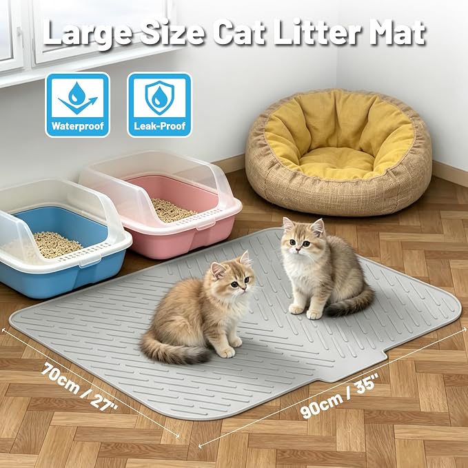 35"x27" Extra Large Silicone Cat Litter Mat for Multi-Cat Homes | Soft Silicone Material, Traps Loose Litter, Waterproof Raised Edges, Stays in Place, Easy to Shake & Clean - Image 2