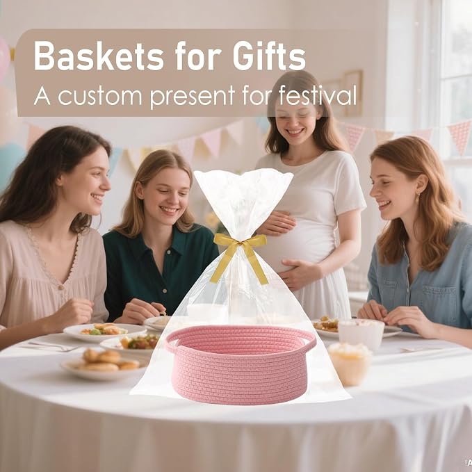 JMvicyroam Small Woven Basket, Empty Gift Basket, Pink/3 Pack | Small Gift Basket, Cotton Rope, 12 x 8 x 44 in, Handles, Includes Ribbon and Bag, Birthday Gift Basket - Image 4