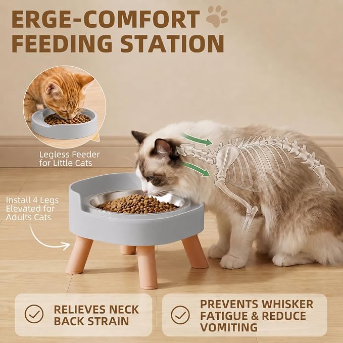 Elevated Cat Bowls, 2P Raised Cat Food and Water Bowl Set for Indoor Cats, Splash Proof with 2 Stainless Steel Pet Food Bowls for Cats ＆ Puppies, Whisker Friendly and Dishwasher Safe - Grey - Image 4