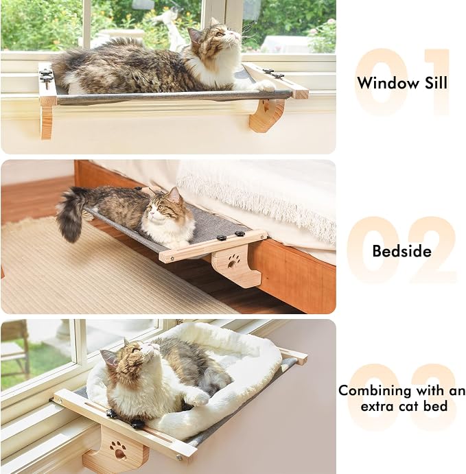 AMOSIJOY Cat Windowsill Perch with Wood & Metal Frame for Large Cat, 27.5in | Solid Wood Frame, Easy to Adjust, Washable Berber Fleece Cover, No Suction Cups Cat Window Seat for Windowsill, Bedside - Image 6