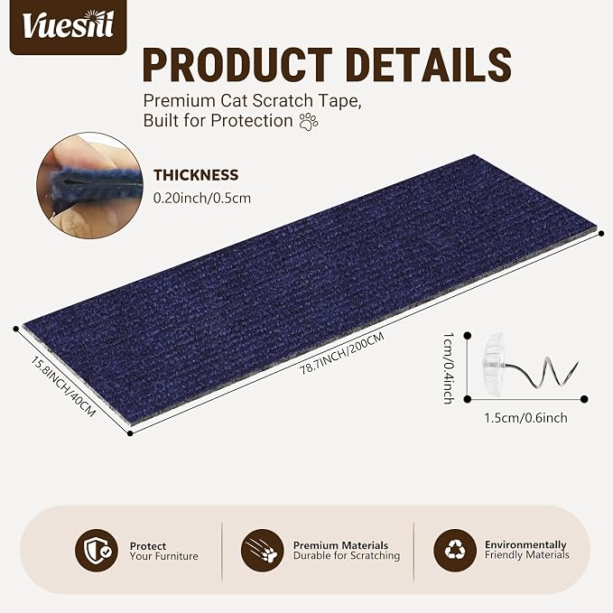 Cat Scratch Couch Furniture Protector,Trimmable Self-Adhesive Cats Claws Scratch Pads, Sisal DIY Climbing Couch Protector for Scratch Post Cat Tree Replacement Indoor(Navy, 78.7"x15.8") - Image 4