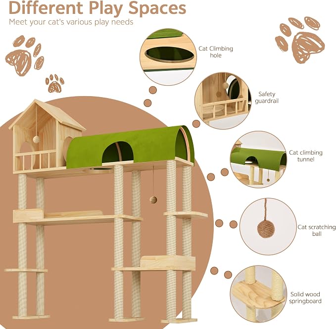 60'' Cat Tree for Automatic Litter Box, for Heavy Cats up to 22lbs | Solid Wood Large Cat Tower with Tunnel & House, Space-Saving for Indoor Multi-Pet Households, Stops Furniture Scratching - Image 3
