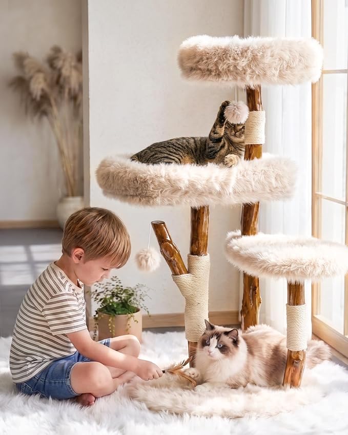 Real Branch Cat Tree, Natural Wood Cat Tower for Indoor Cats | Real Tree Branches no Processed Wood, 44 lbs Capacity, Premium Faux Fur Perches, 23.6" Anti-Tip Base, 30-Min Assembly - Image 8