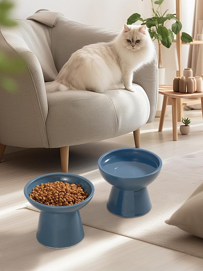 LoeJan Elevated Cat Food and Water Bowls Set, Extra Wide and Raised Ceramic Feeder, Anti-Vomit Whisker-Free Pressure Feeding Bowl for Kittens Adult Small Dogs (Deep Blue) - Image 7