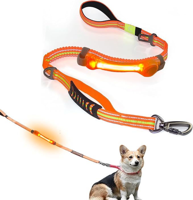 LED Dog Leash with Light Heavy Duty for Large Dogs Night Walking | No Pull Bungee Shock Absorbing, 2 Padded Handles for Control, Fits 60-150 lbs Dogs, Nylon Stickers Easy to Attach Leash by Fashion%26cool