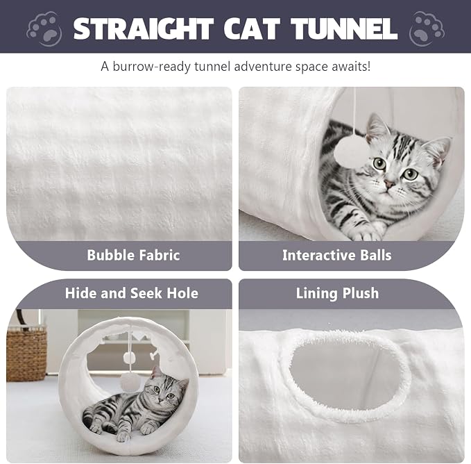 Straight Bubble Cat Tunnel for Indoor Cats 47"x12", Cream White | Cute Cat Toys, Collapsible Tunnel Tube with Hanging Balls for Puppy Kitten Rabbit - Image 2