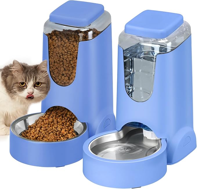 HWONMTE Portable Automatic Cat Feeder and Water Dispenser with Stainless Steel Bowl Dog Gravity Food Feeder and Waterer for Small Medium Pets Puppy Kitten 1 Gallon x 2 (Sapphire Blue) by HWONMTEPETFEEDER