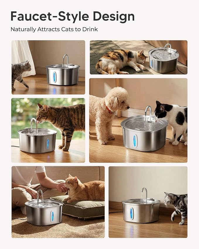 PEKTACO Stainless Steel Cat Water Fountain with 6 Filters, 3.2L/108oz | Cat drinking fountain, dishwasher safe, with triple filtration, quiet pump, and visible water window for cats and small pets - Image 9