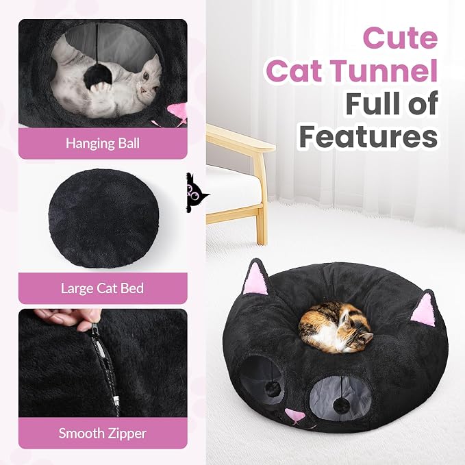 Baseola Fuzzy Cat Tunnel Bed for Indoor Cats, 2-in-1 Interactive Cat Toys | Peekaboo Cat Cave with Washable Mat, Collapsible Cat Play Tunnel for Kittens & Small Pets, Cat Donut Bed Tunnel, Black Pink - Image 6