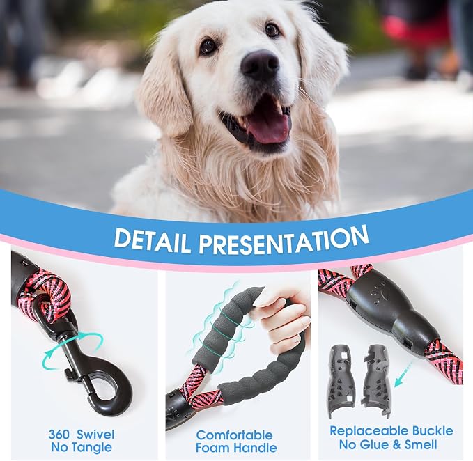 2/4/5/6 FT Dog Leash with Comfortable Padded Handle and Highly Reflective Threads for Small Medium and Large Dogs (5FT-1/2'', Black Pink) - Image 3