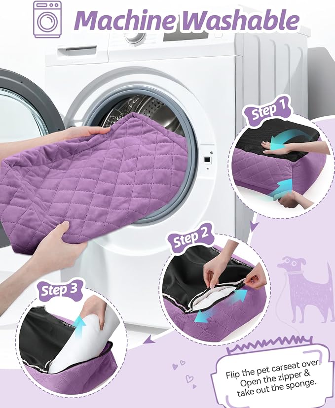 WOOAIDAGG Dog Car Seat for Small Dogs Up to 25lbs,Soft Washable Fabric Fill in Memory Foam,Easy to Assemble with 2 Clip-On Safety Leashes and Storage Pockets,Front or Back Seat are Both OK(Purple) - Image 5