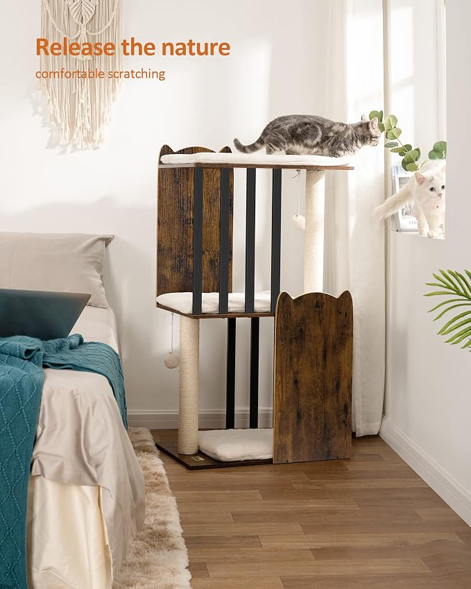 43.8in 3-Tier Modern Cat Tree Tower Condo, Cat Scratch Posts for Indoor Cats, Big Plate, Two 19.7in Full Sisal Scratching Posts, Rustic Brown - Image 3