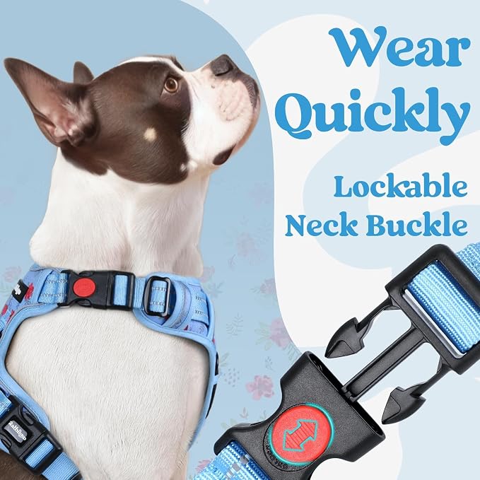 rabbitgoo Dog Harness Small Sized, Updated Easy On & Off with 3 Buckles | No Pull No Choke, Walking with 2 Clips and Handle, Adjustable Soft Reflective, Floral Blue, Small - Image 3