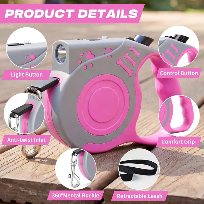 Retractable Dog Leash with USB Rechargeable Flashlight, Pink | 16FT Automatic Telescopic Tractor Dog Leash, Durable ABS Case and Comfort Grip, Designed for Small Medium Dogs Up to 30lbs - Image 6