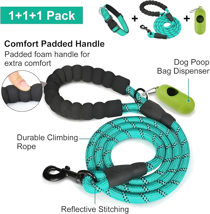 Dynmeow Reflective Dog Collar and Leash Set for Puppy Small Dogs, Teal | Soft Neoprene Padded, 6FT Climbing Rope, Ideal for Daily Outdoor Walking or Indoor Wearing, Night Visible for Safety - Image 3