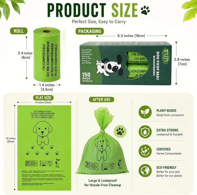 100% Certified Home Compostable Dog Poop Bags - Part Of Every Purchase will Go To Charity - ASTM D6400 & EN 13432 Compliant - 150 x Plant Based Compostable Poop Bags - Image 3