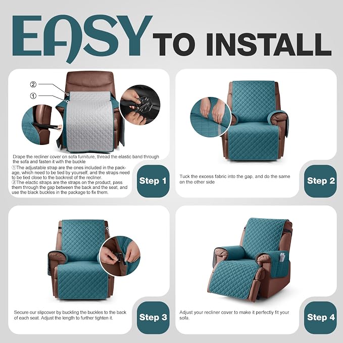KinCam 100% Waterproof Recliner Chair Covers Washable, 23.6", Peacock Blue | Anti Slip Reclining Couch Covers for Pets Dog, Recliner Sofa Slipcover Storage Pocket, Furniture Protector with Elastic Strap - Image 7