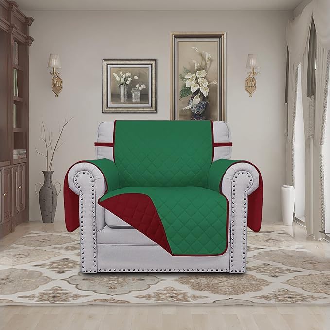 Easy-Going Chair Sofa Slipcover Reversible Sofa Cover Water Resistant Couch Cover Furniture Protector Cover with Elastic Straps for Pets Kids Children Dog Cat (Chair, Green/Christmas Red) | Machine Washable Slipcover For Dogs, Water Resistant Furniture... - Image 2