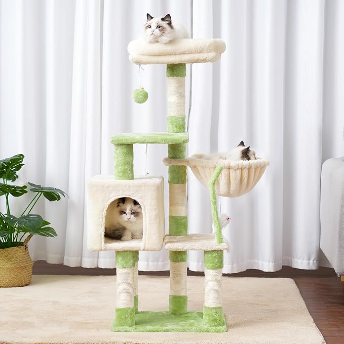 Heybly Cat Tree with Toy, 43.3 inch Cat Tower for Indoor Cats HCT004SGM | Cat Condo with Durable Sisal Scratching Posts, Cat House with Padded Plush Perch, Cozy Hammock, Green and Beige - Image 9