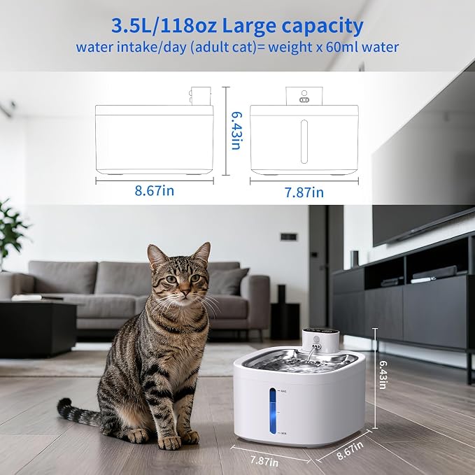 Cat Water Fountain Wireless: 118oz/3.5L Battery Operated Pet Water Fountain for Cats Indoor with Motion Sensor, Quiet Automatic Fountain with Stainless Steel Tray(8Filters) - Image 6
