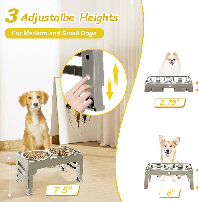 Elevated Dog Bowls 3 Height Adjustable Raised Bowl Stand with 25oz Stainless Steel Dog Food Bowls Anti-Slip for Small Dogs Adjusts to 7.5", 6", 2.75", Grey - Image 2
