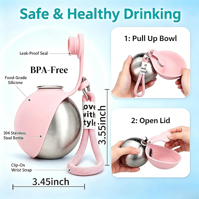 Dog Water Bottle Portable - 2 in 1 Stainless Steel Tumbler with Foldable Round Silicone Ball Bowl, 2-in-1 Leak-Proof Design for Dogs Pet Travel Walking Drinking（Pink） - Image 5
