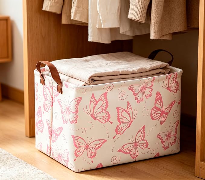 CLOCOR Rectangular Fabric Storage Bin, Waterproof Storage Box with Handles(Pink Butterfly) - Image 3