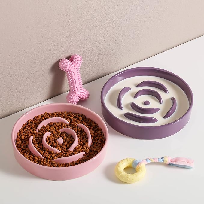 8.66 in Pink Ceramic Slow Feeder Dog Bowl for Medium and Large Breed,Pet Feeding Dog Food Water Dish Heavy Weighted,Puppy Bowl for Fast Eaters,Puzzle Slow Eating Dish Modern Cute - Image 5