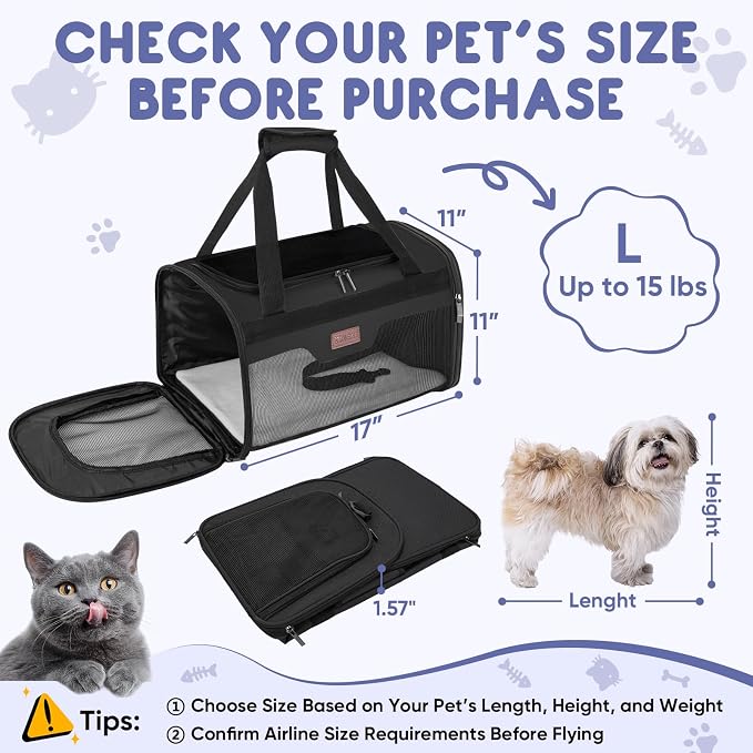 BALEINE Cat Carrier, Puppy Dog Carrier for Small Medium Pets Up to 15 Lbs, Soft-Sided Dog Travel Bag with Safety Zippers, Collapsible Pet Carrying Case (Black, L, 17"x11"x11") - Image 4