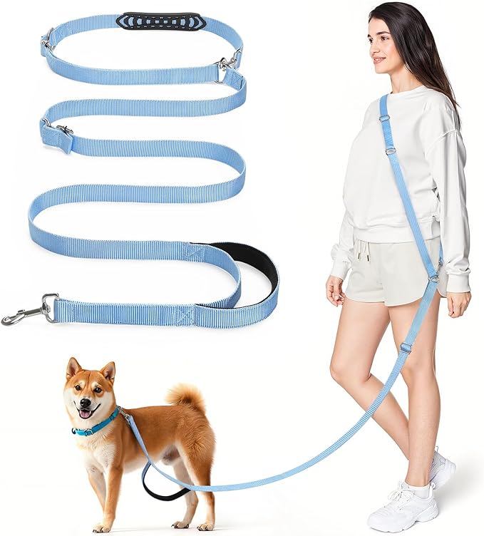 8.5ft Hands Free Dog Leash Adjustable for Medium Dogs, Blue | Versatile Handheld Crossbody Waist Lead with 3 Rings, Easy Adjust for Running Jogging Walking, Sponge Handle by Tivray