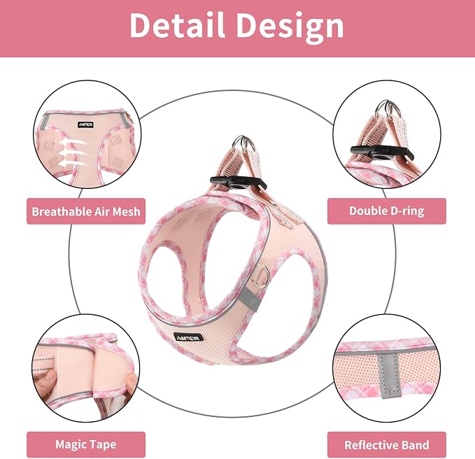 AMTOR Small Dog Harness with Leash Set, No Escape Easy Walk Puppy Harnesses for Training Walking, Step-in Reflective Soft Dogs Vest for XS S Medium Extra-Small Large Sized Dog(Pink,XL) - Image 3
