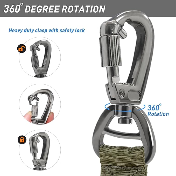 Hotsky Tactical Bungee Shock Absorbing No Pull Dog Leash,Army Green,4-6FT | Heavy Duty for Medium Large Dogs That Pull up to 660 lb,with Padded Double Handle ＆ Car Seatbelt,360°Rotating Locking Clasp - Image 8