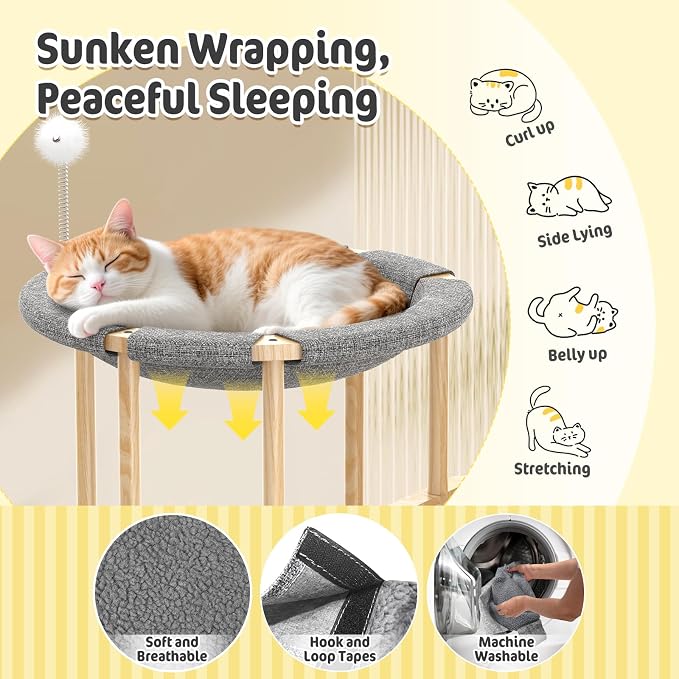 Pawaboo Elevated Cat Hammock Bed, 2-Tier Cats Bed with 2 Teasers | Wooden Cats Furniture with Kitten Scratching Mat, Double Cat Beds Interactive Stair Shaped Pet Hammock for Indoor Climbing - Image 4