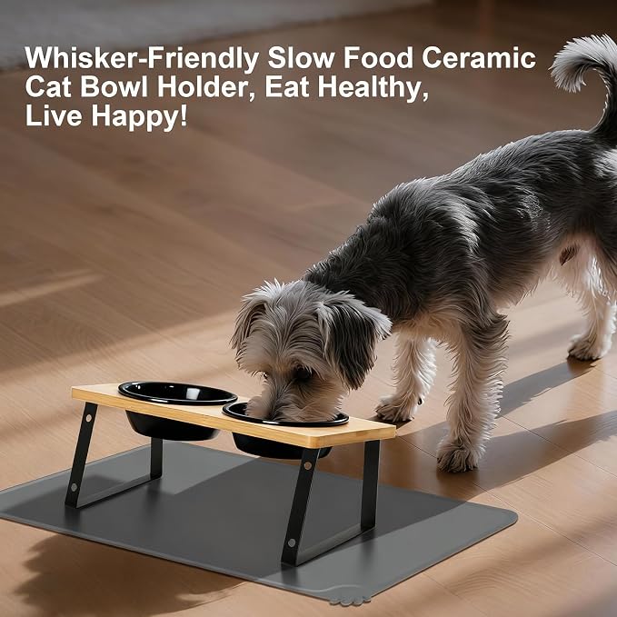 LEAWALK Upgraded Adjustable Height Cat Food Bowls Stand Ceramic Dog Bowls and Slow Feeder Cat Bowl, 15°Tilted Stand Anti Vomiting Raised for Small and Medium Sized Cats Dogs (Black) - Image 7