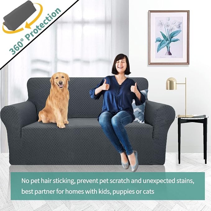 YEMYHOM Couch Cover Latest Jacquard Design High Stretch Sofa Covers for 2 Cushion Couch, Pet Dog Cat Proof Loveseat Slipcover Non Slip Magic Elastic Furniture Protector (Medium, Dark Gray) - Image 2