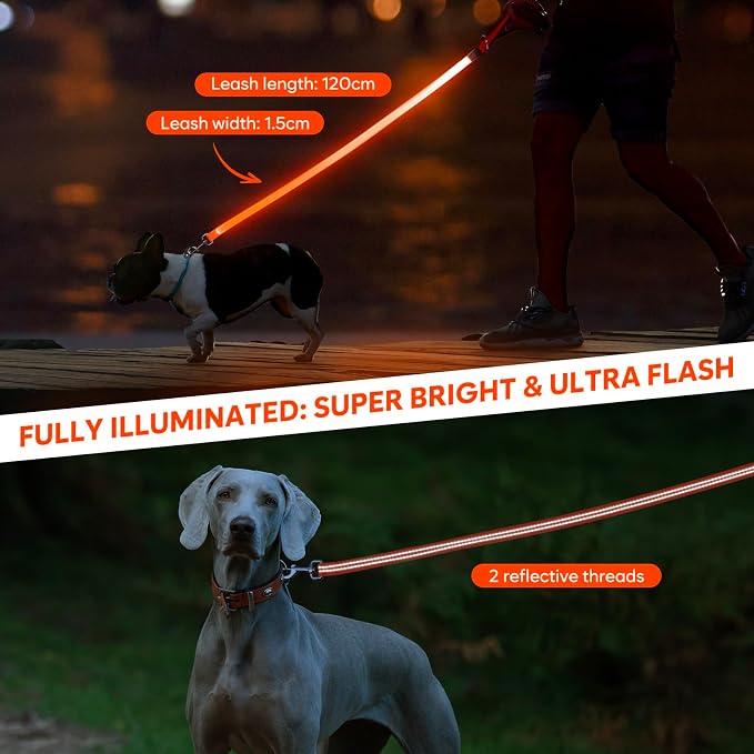 LED Dog Leash, 4 Ft Light Up Dog Leash USB Rechargeable Waterproof, Nylon Reflective Tether with Padded Handle, Safety Glow in The Dark Walking Lead for Large Medium Small Pets(Orange) - Image 5
