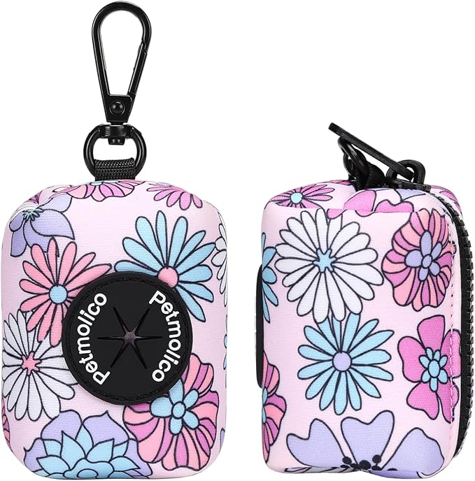Petmolico Dog Poop Bag Holder Dispenser 2 Pack, Colorful Daisy | Zippered pouch fits any leash, includes free roll of bags, lightweight & portable for daily walks, travel & outdoor use - Image 4