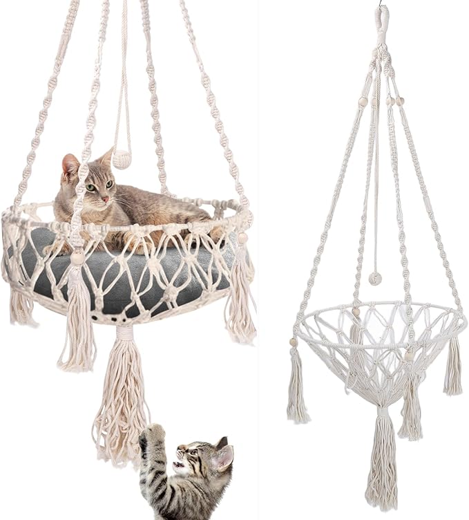 VINGVO Macrame Cat Hammock Bed, 58.27" Handwoven Pet Hanging Swing Bed with Hook for Wall, Foldable Kitten Window Perch for Indoor Outdoor Sports Playing Sleeping Climbing Lounging by VINGVO