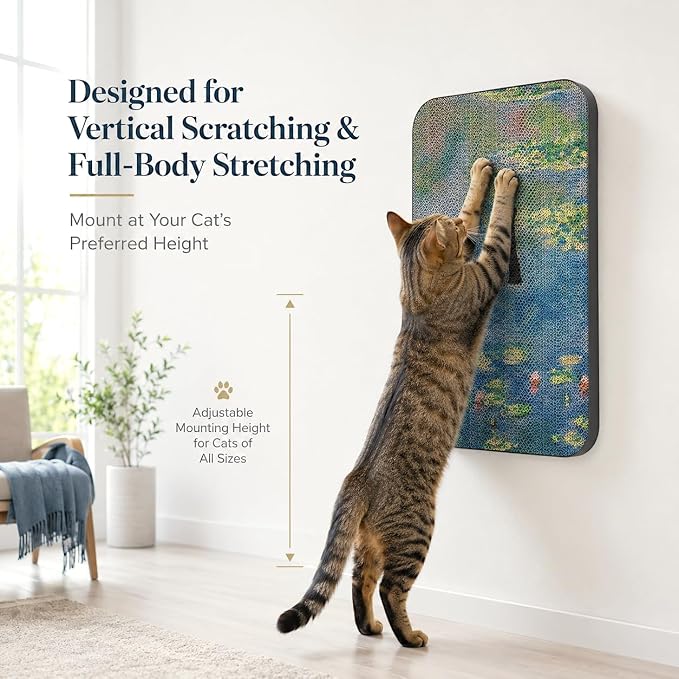Cat Wall Scratcher, Art Cat Scratching Board for Indoor Cats | Wall Mounted Cat Scratch Pad, Water-Based Ink, Hook&Loop Strips, Floor or Wall Use, 16.7x11x1 Inch, Water Lily Pond - Image 8