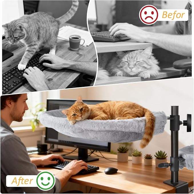 Topmart Double-Deck Cat Desk Bed with 360° Rotating & Adjustable Height | Cat Hammock for Desk with 4 Washable Pads, Kittens Bed for Desk Attachment for Home Office,Up to 45LBS, Grey & Black - Image 2