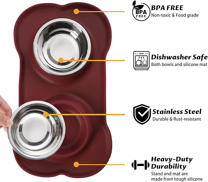 Hubulk Pet Dog Bowls 2 Stainless Steel Dog Bowl with No Spill Non-Skid Silicone Mat + Pet Food Scoop Water and Food Feeder Bowls for Feeding Small Medium Large Dogs Cats Puppies (X- Large, Burgundy) - Image 2