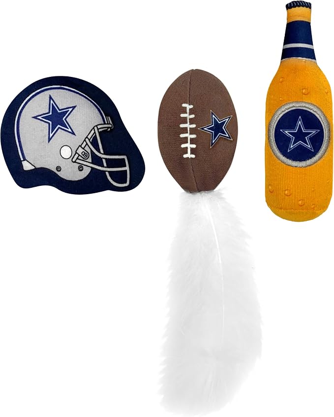 Best Plush CAT Toy - NFL Dallas Cowboys Complete Set of 3 piece Cat Toys Filled with Fresh Catnip. Includes: 1 Helmet Cat Toy, 1 Football Cat Toy with Feathers & 1 Beer Bottle. Beautiful Team Logos - Image 6