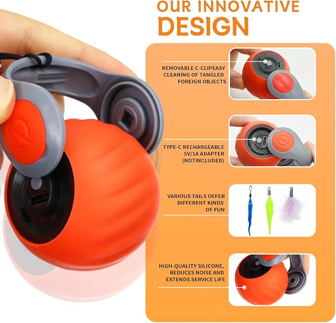 Interactive Cat Toy Ball - Automatic Moving Cat Ball for Indoor Cats with 3 Tails, Rechargeable Silent Kitten Toy for Boredom & Exercise, Rolling Ball Toy with 2 Modes & 2 Speeds. - Image 5