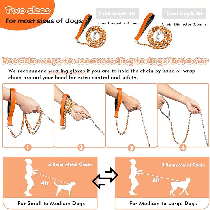 Metal Chain Dog Leash Chew Proof for Dogs, Orange, 3.0mm, 6FT | More Room for Everyday Walks and Outdoor Use, Chew Resistant Chain, Padded Handle, Swivel Clip - Image 5